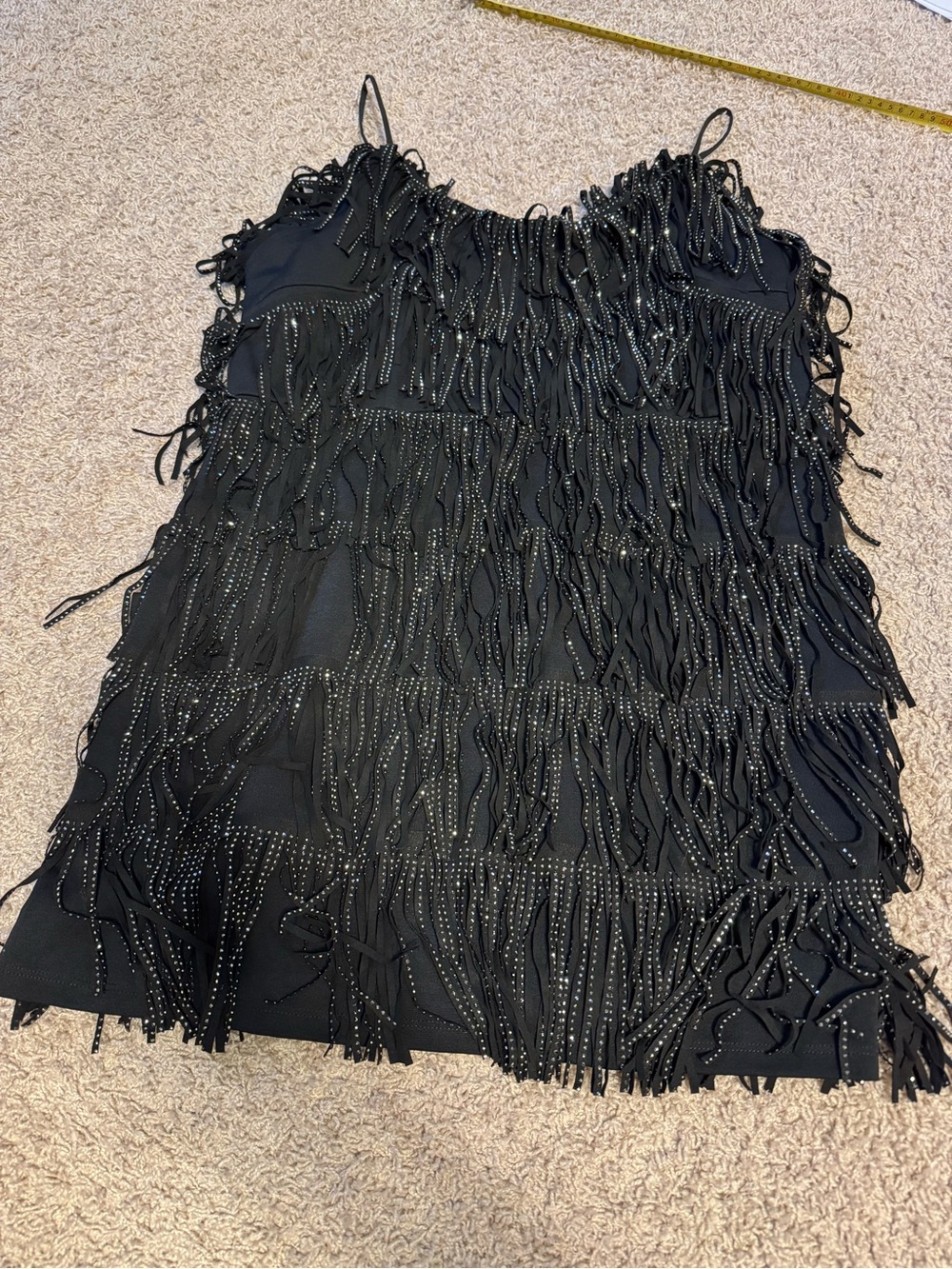 WNS Black Fringe Spaghetti Strap Party Dress Sz 1X Halloween Ready Rodeo Queen